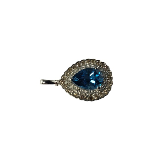 Vintage 18 K White Gold Blue Topaz & White & Champagne Diamond Pendant #13735 - Picture 3 of 8